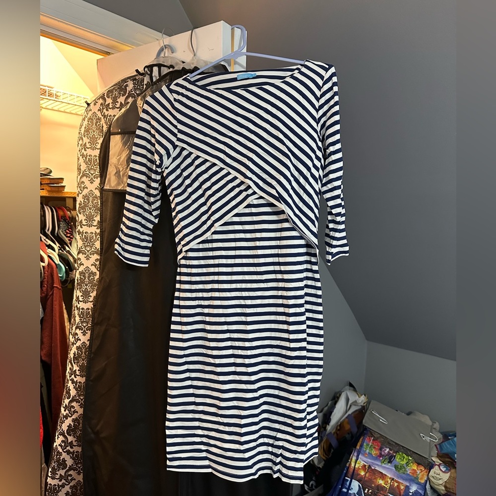 J. McLaughlin Small White and Navy Blue Dress 3/4 Sleeve